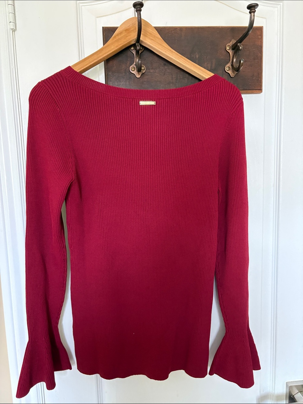Women’s Red Ribbed Bell-Sleeve Top - Picture 4 of 4